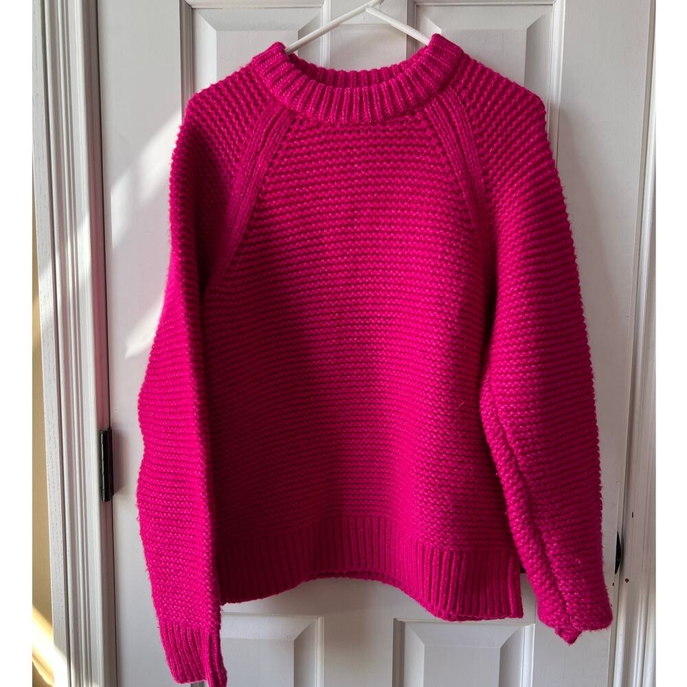 Lou & Grey Bright Pink Chunky Knit Wool Blend Crewneck Sweater Women's XS FLAW